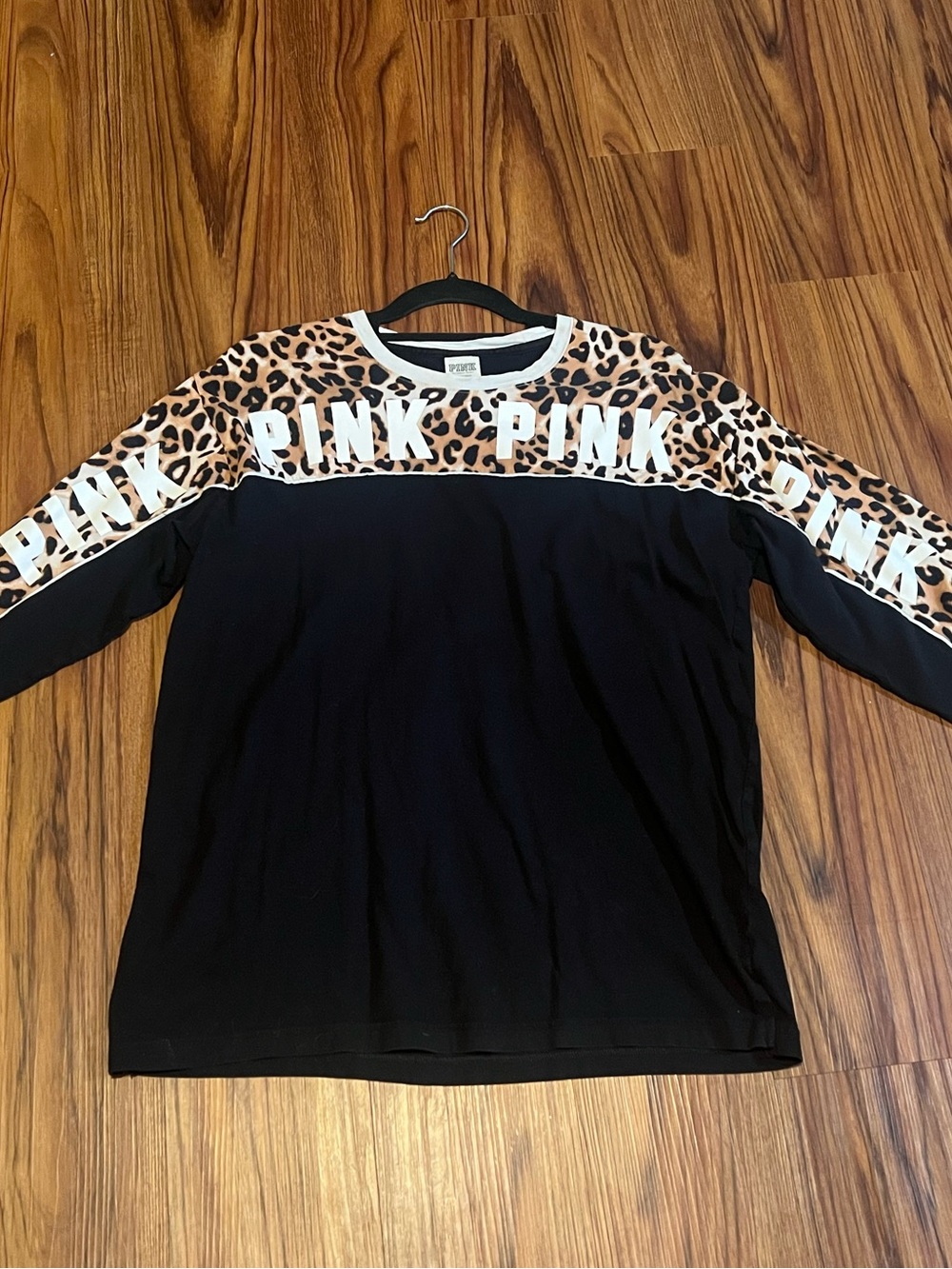 PINK Victoria's Secret Black Long-Sleeve Top with Leopard Yoke